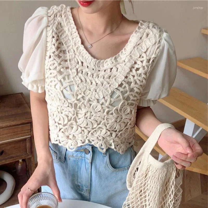 Women's Blouses 2023 Summer Crochet Top Women O-Neck Puff Sleeve Knitted Blouse Shirt Boho Sexy Hollow Out Pullover Cover Up Blusa Mujer