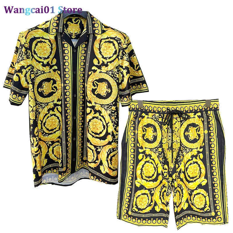 wangcai01 Men's Tracksuits Fashion Brand Label Baroque Shirt And Shorts Sets For Men Summer Hawaiian Tracksuit Crown Printed Short Seve Beach Shirt Ma 0318H23