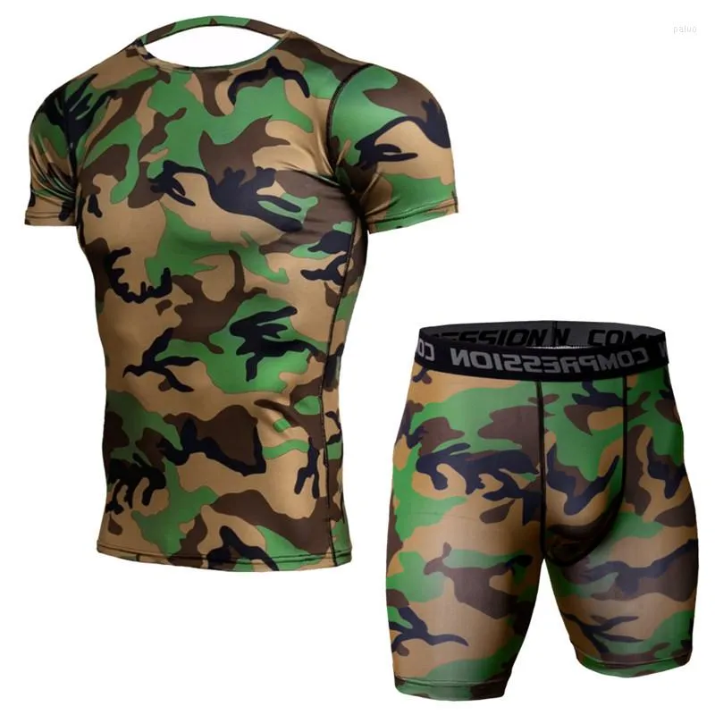 Мужские рубашки T 2pcs/Set Camoufalge Stless Sets Fit Fite Fit и шорты с компрессионной одеждой
