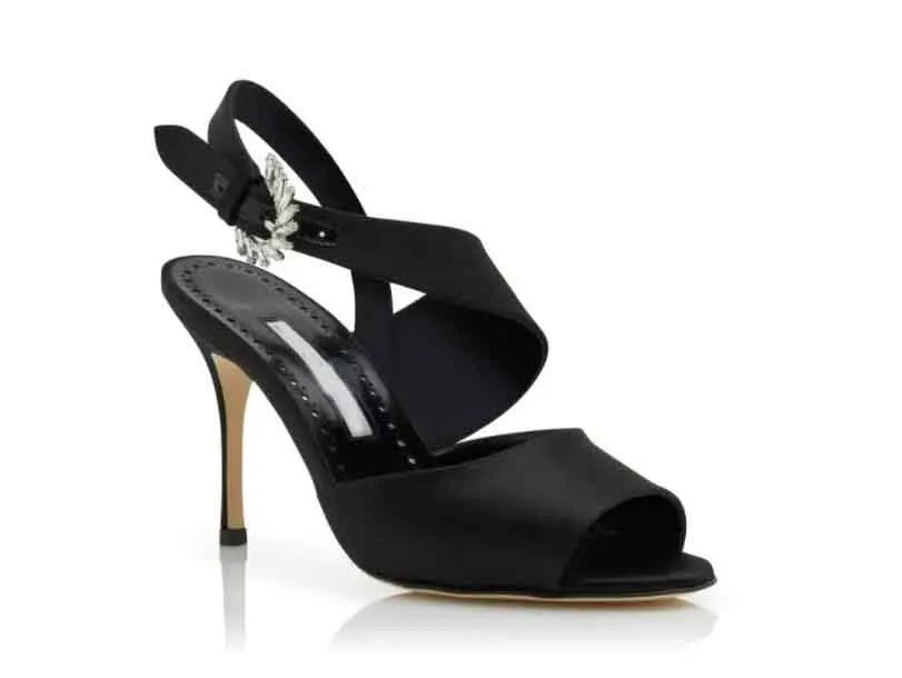 Sandálias sapatos de salto alto preto acetinado embelezado no pé aberto de calcanhar alto sapatos femininos da moda legal