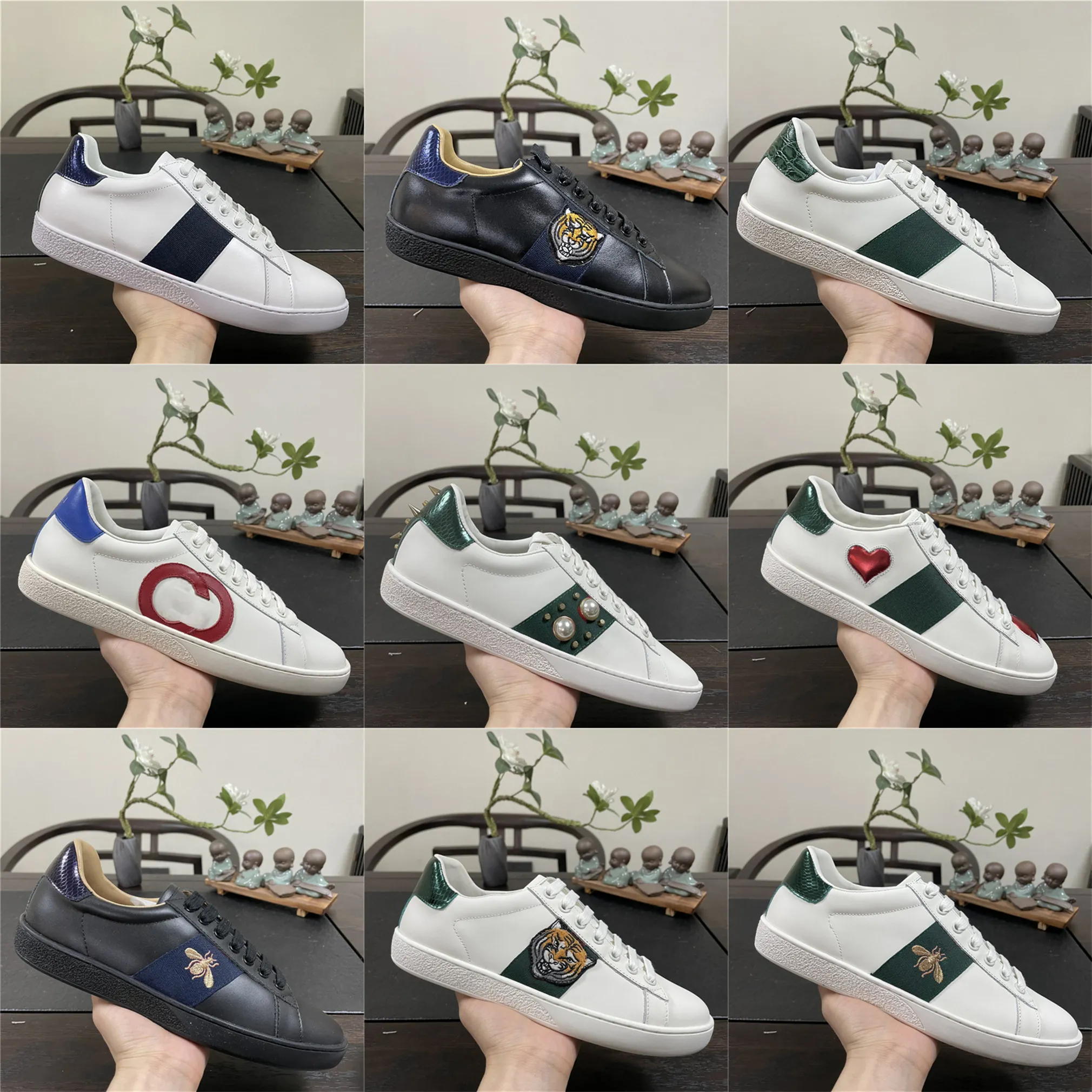 유명 디자이너 남성 여성 캐주얼 신발 Des Chaussures Platfrom 스니커즈 Espadrilles 신발 상자 포함 ACE 자수 Bee Tiger Snakes 정품 가죽 트레이너