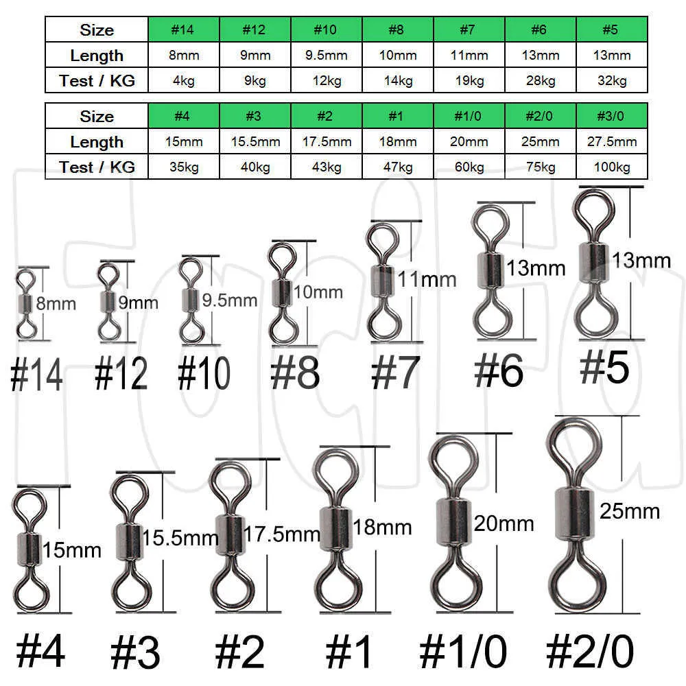 Fiskekrokar 50 datorer som bär svängbar fiskekontakt rostfritt stål Karpfisketillbehör Snap Fishhook Lure Solid Ring Swivel Tackle P230317