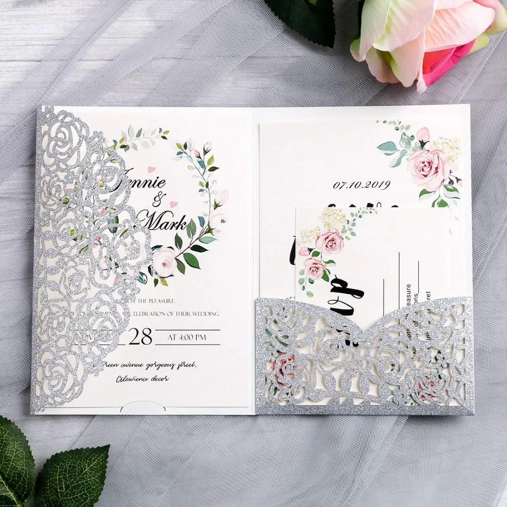 Cartes de voeux Rose Gold Sliver Glitter Cartes d'invitation de mariage découpées au laser pour mariage Douche nuptiale Baby Shower Party Supplies 50pcs 230317