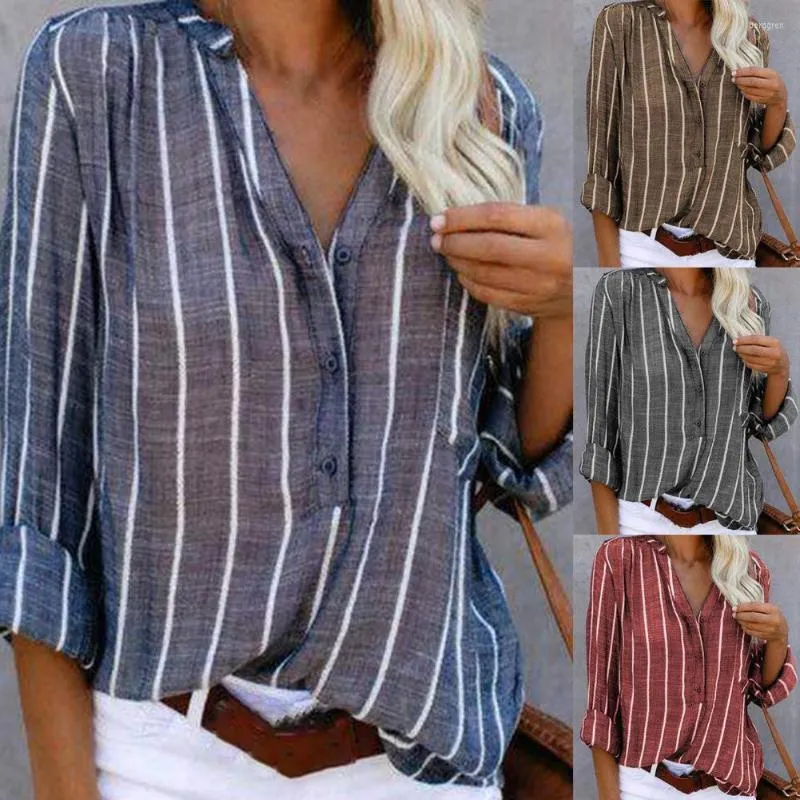 Women's Blouses Dames gestript losse shirt enkele borsten dame lange mouwt tops oversized casual kantoor blusas mujer