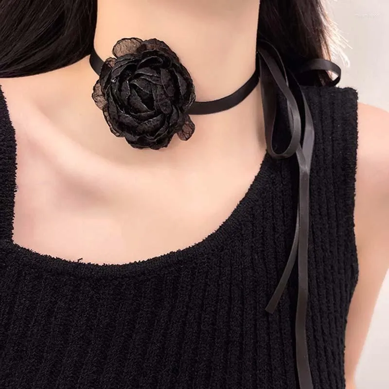 Choker Retro Black Dinner Party Big Flower Lace Adjustable Ribbon Collar Sexy Neck Band Necklaces For Women Girls Jewelry