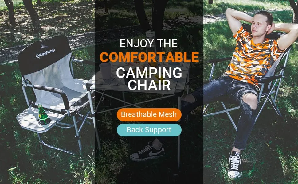 Portable Camping Chair Heavy Duty with Side Table Mesh Back for Outdoor Tailgating Sports