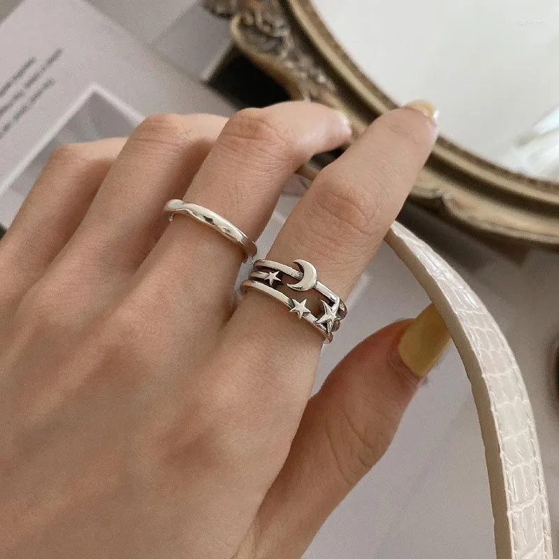 Cluster Rings S925 Silver For Women Stars Moon Adjustable Opening Multilayer Ring Simplicity Geometry Accessories Jewelry Wholesale