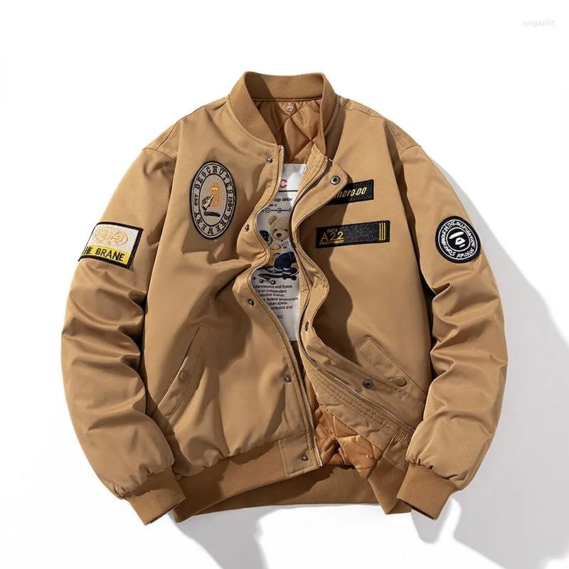 Jaqueta Masculina Inverno Jaqueta Bomber Retro Masculina Estilo Americano Uniforme de Beisebol Militar Bordado Algodão Casaco Preto Com Zíper Tamanho Grande