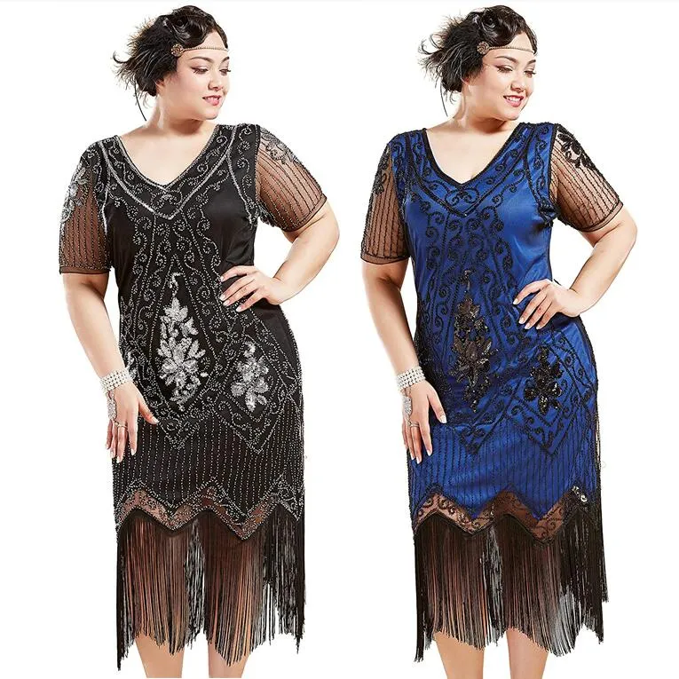 Plus Size 1920er Jahre Art Deco Fransen Paillettenkleid Flapper Gatsby Quaste Kurzarm Kostümkleid für Damen 6 Farben S M L XL XXL 3XL 4XL MKL322