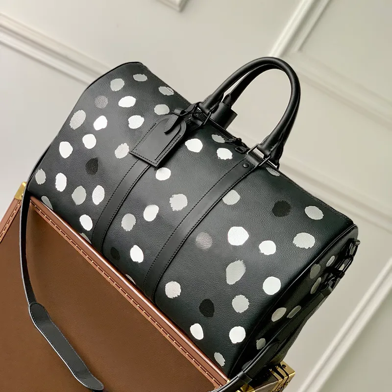 DHgate Genuine Leather Travel Bag with Polka Dot Pattern Casual Tote for Women Black Bags Luggage Accessories