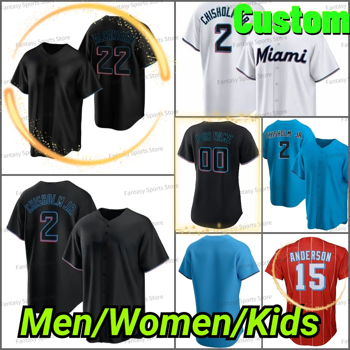 Personalizado 2 Jazz Chisholm Jr. Jersey Sandy Alcantara Miguel Rojas 16 José Fernández Sixto Sánchez 12 Jorge Soler 5 Jon Berti Brian Anderson Camisetas de béisbol Hombres Mujeres Niños