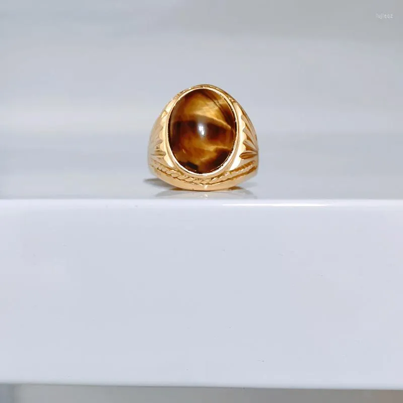 Cluster Rings 2023 Oval Natural Tiger Eye Band Stone Ring For Women Men Antique Gold White Plated Fashion Jewelry