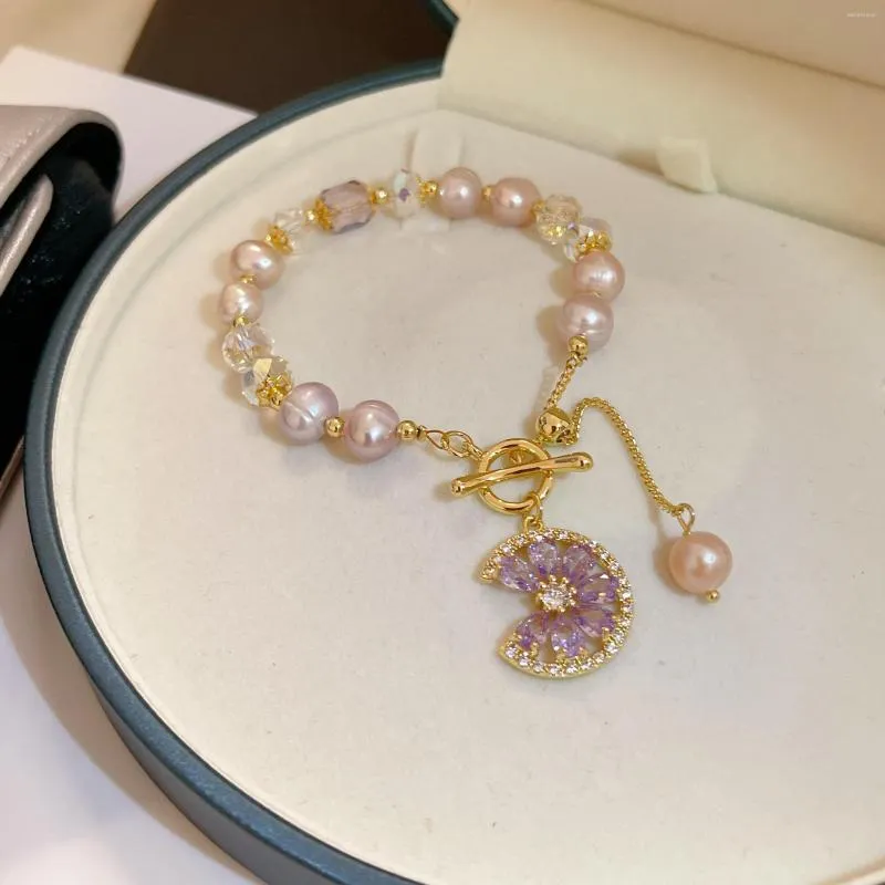 Strand Natural Freshwater Pearls Zirkon Flower 18K Gold vergulde Purple Crystal Women Fashion Sieraden Groothandel ASL205