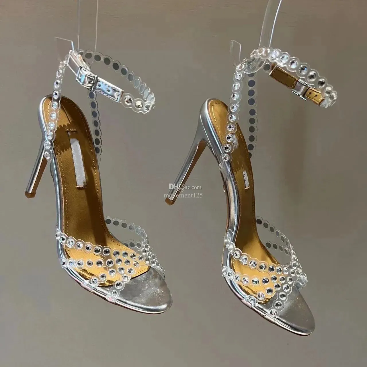 Toppkvalitet 23S/s Aquazzura skor Tequila Sandaler 100 Sparkling Party Italy Clear PVC Crystals Stiletto Heel Wedding Brid 35-43