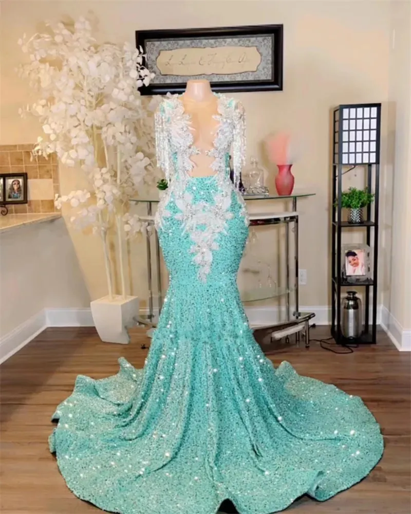 Glitter Green paljetter Mermaid Prom Dresses Sexy Illusion Mesh 2023 för svarta flickor pärlor Crystal Tassel Party Gowns Robe de Bal 322