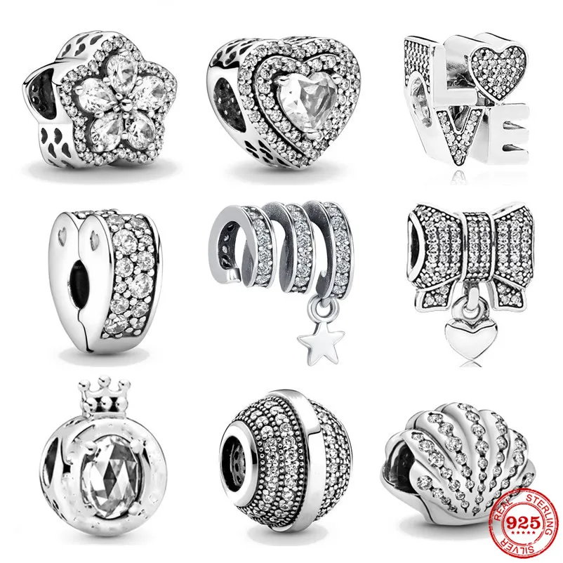 925 Silver Fit Pandora Original Charms Diy подвесные женские браслеты бусинки циркон раковина сияющий любовь сердце цветок