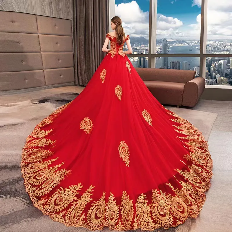 2024 une ligne robe de mariée Dubaï robes de mariée de luxe, plus la taille train chapelle sur mesure Madew Vintage luxe rouge or dentelle robes de mariée Vestios De Novia robe de mariée