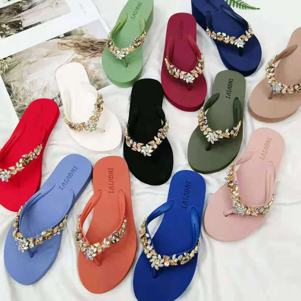 Terlik Tutturum atı Kadın Terlik Yaz Flip Flops Kadın Kristal Bling Plaj Ayakkabıları Açık Düz Sıradan Sandalet Zapatos De Mujer HH729 Z0317