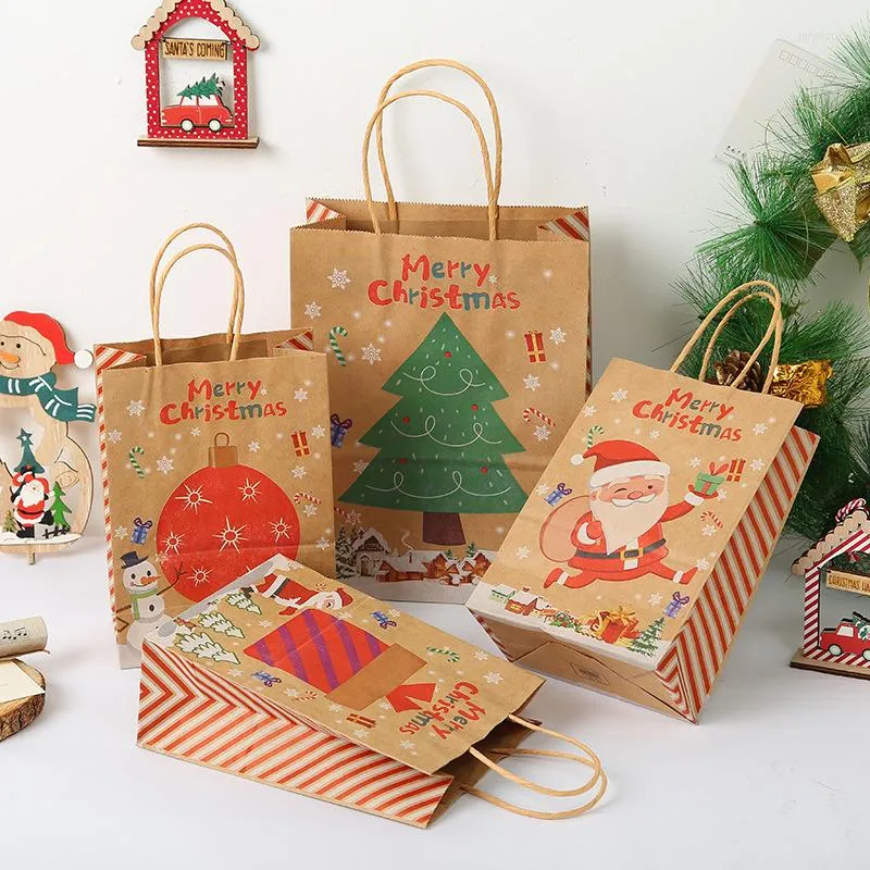 Brocada de presente 6pcs Christmas Kraft Paper Bag Papai Noel Stobag Party Pakcaging Handle Favors Child Cookies Snack Decor