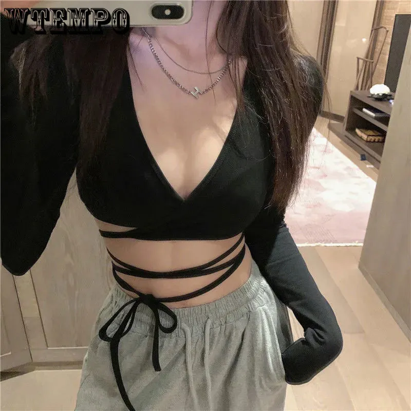 Damen Tanks Camis Frauen Crop Top Sommer Langarm Korsett Y2k Tops Koreanisches Tanktop Nabel Krawatte Dünnes schwarzes T-Shirt Damen Boho Gothic Sexy Kleidung 230317