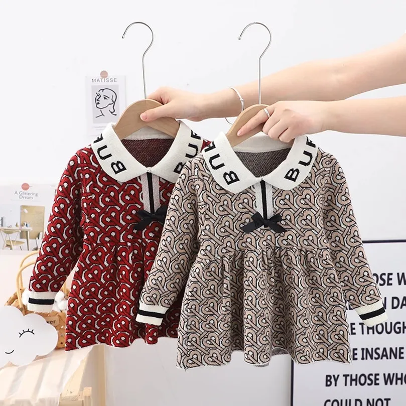 Great Quality Baby Girls Knitted Princess Dresses Spring Autumn Letters Printed Kids Long Sleeve Dress Children Bowknot Dress 1-6 Years by