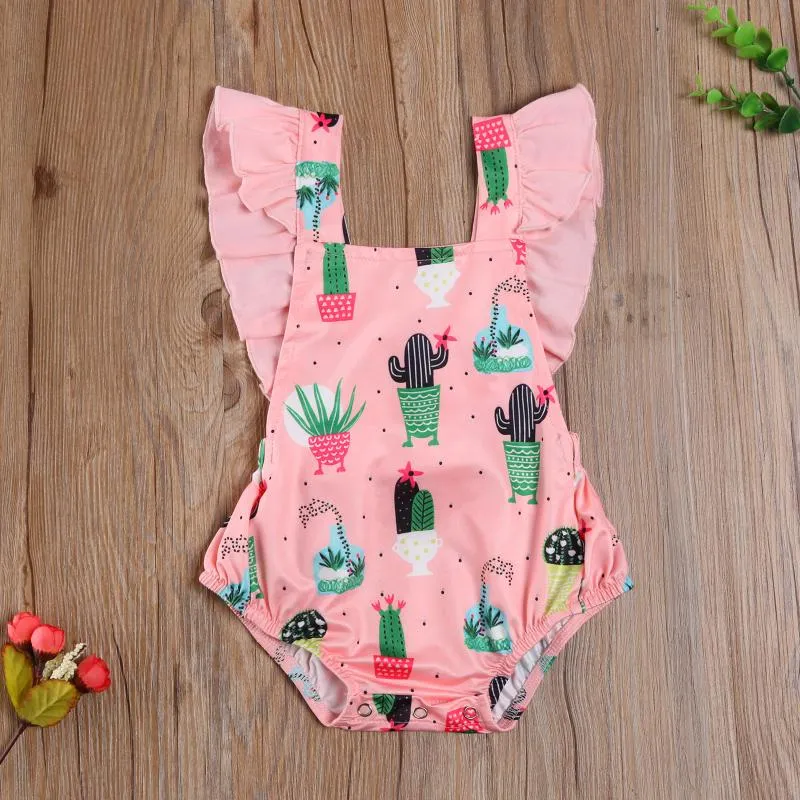 Kläduppsättningar födda babyflicka romer kläder flygande hylsa lös tecknad kaktus tryck avslappnad en stycke outfit sunsuit sommar