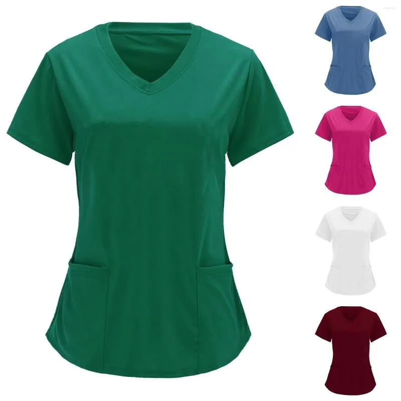 Women's T Shirts Nurses Workwears Tops V-Neck Solid Color Short Sleeved Summer Nursing Clothing For Women Pocket Blouse Fashion Women'S