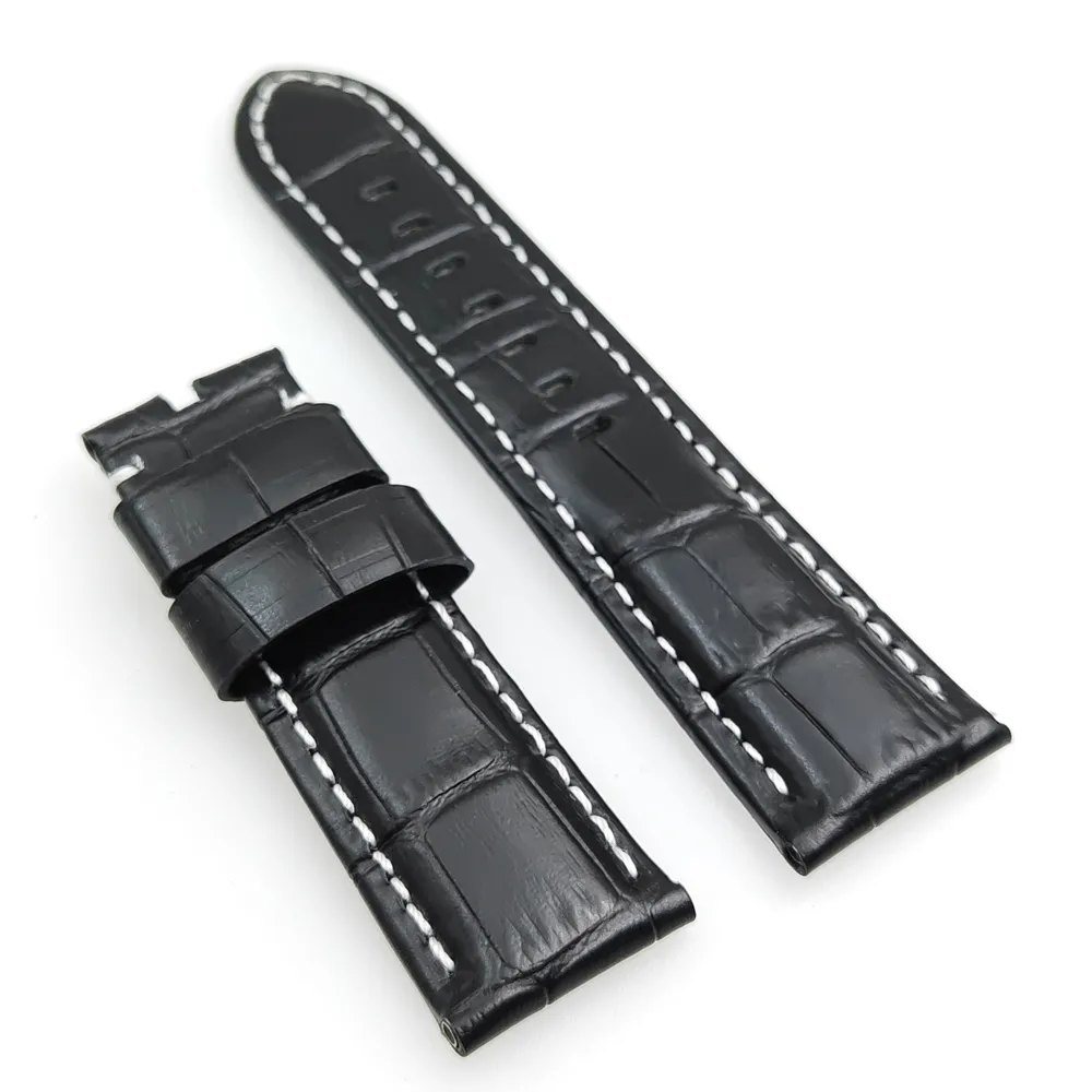 24 mm - 22 mm Black Crocodile Grain Calf Leather Band White Stitch Strap Fit For Pam PAM111 Watch