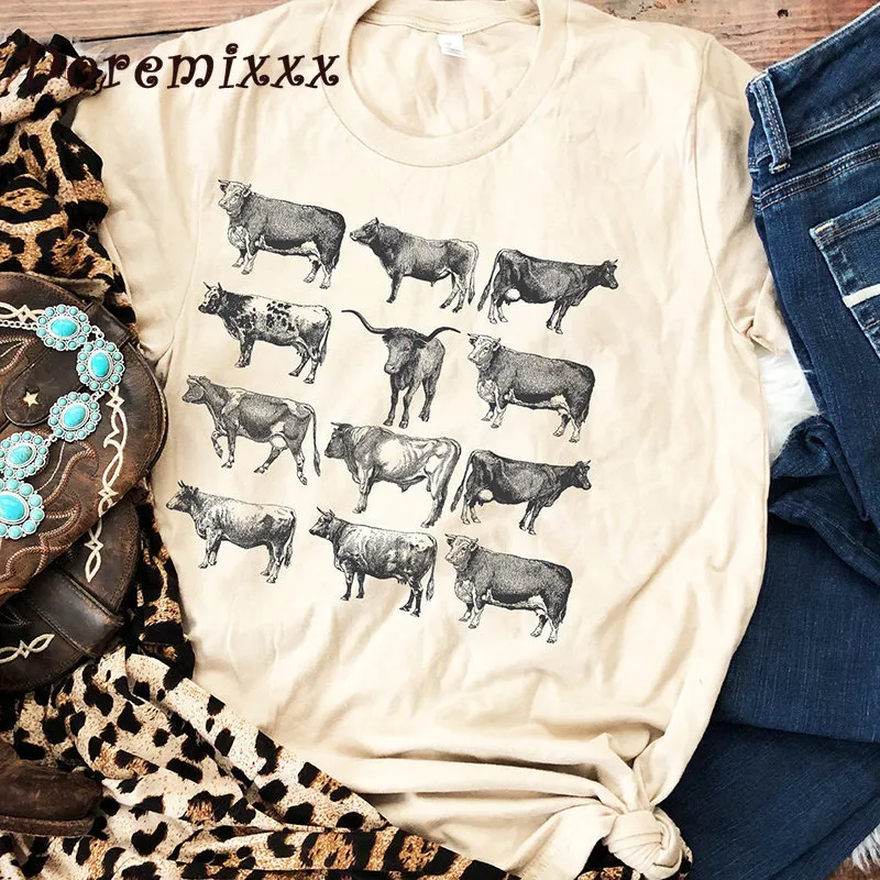 Kadın Tişört İnek Vintage Western Wear Farm Hayvan Bull Cottagecore Yüksek Kaliteli Pamuk Tshirt Pamuk Kadınlar 230317