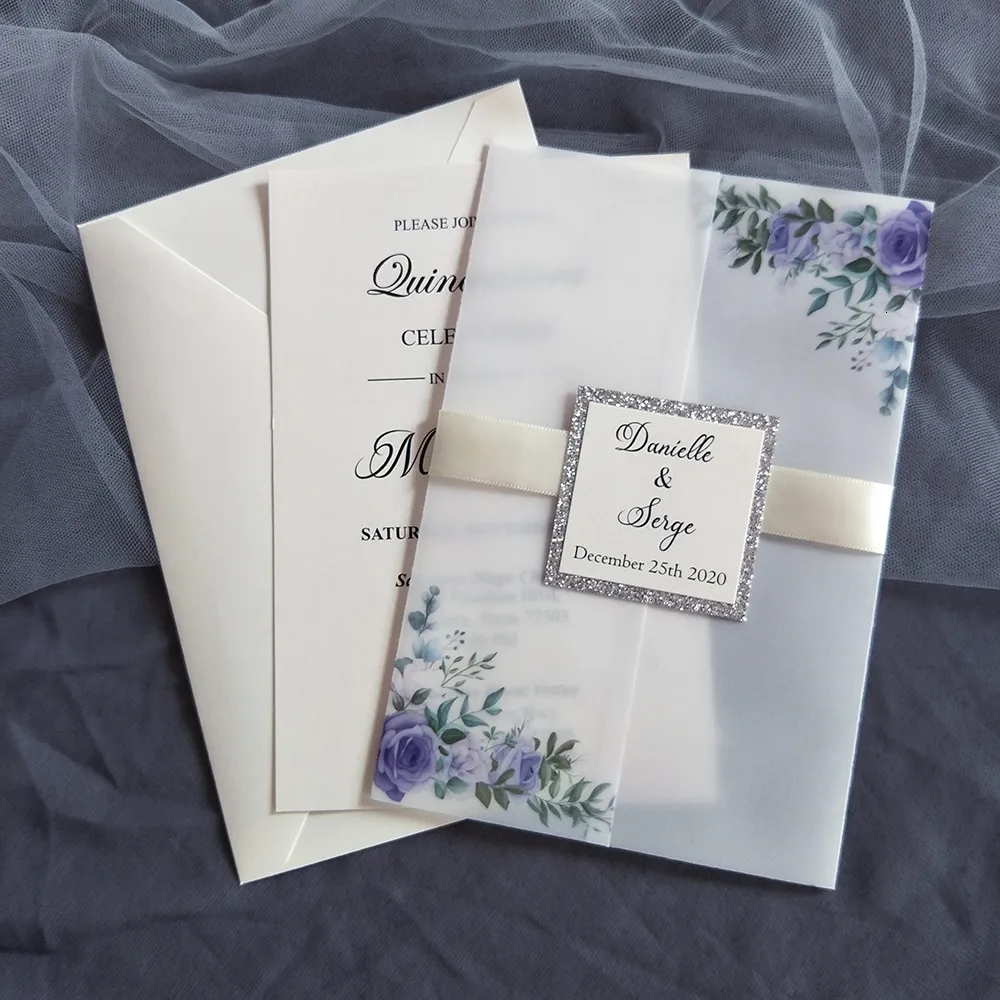 Greeting Cards 50X Purple Flower Vellum Wedding Invitations with Silver Glitter Tag DIY Personalized Printing Cards For Bridal Shower Party 230317