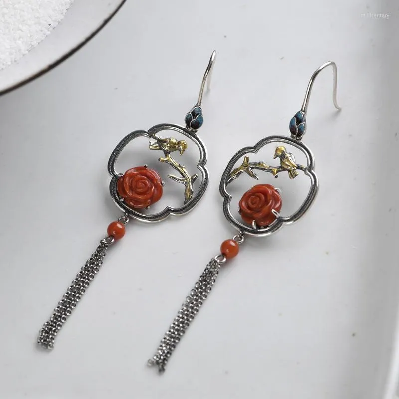 Dangle Earrings FNJ 925 Silver Rose Flower For Women Jewelry Pure Original S925 Sterling Drop Earring Red Agate Bird Tassel