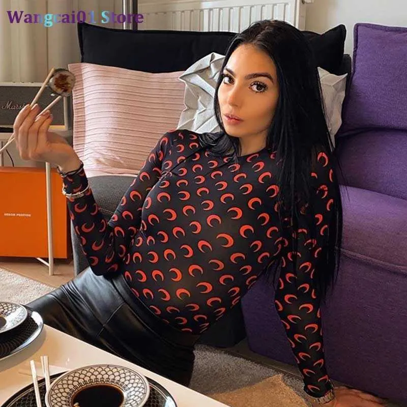 WANGCAI01 T-shirt damski Hot Women Designer Moon Print T Shirt Lady okrągła szyja długa seves Ice Silk Top Kobiety Ubrania bielizny jednoczęściowy show Cusmer 0318H23