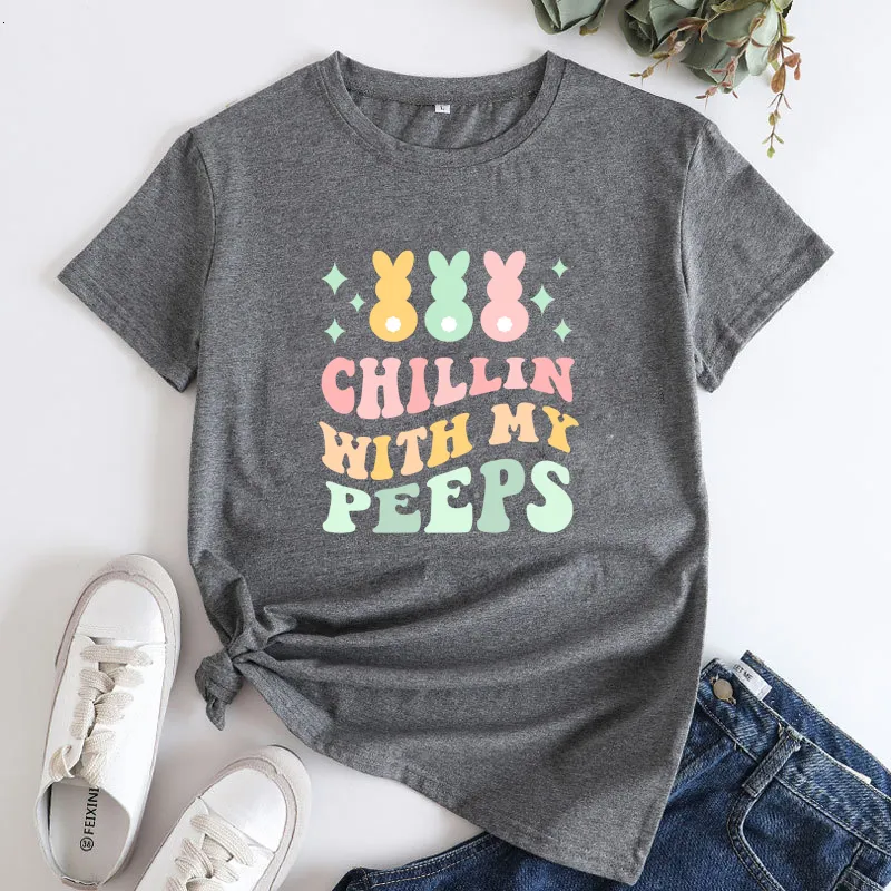 Camiseta feminina relaxando com minha camiseta de peeps engraçada cristão jesus tshirts tshirts fofos mulheres páscoa coelhinho gráfico camiseta top 230317