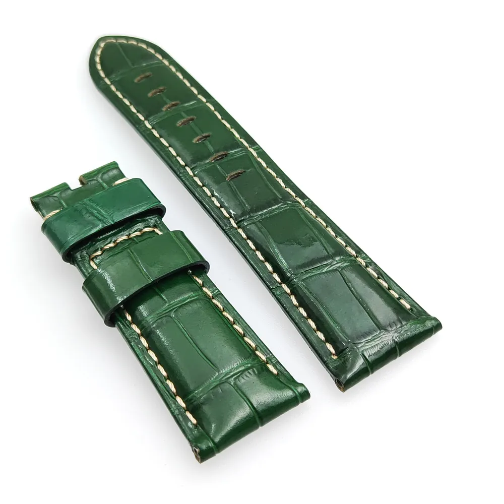 Bracelet en cuir de veau grain de crocodile vert, 24 mm - 22 mm, point kaki, adapté à la montre PAM PAM111