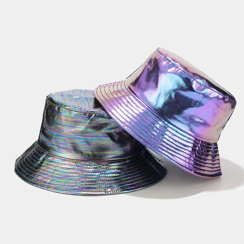 Trend Reflective Pu Bucket Hat For Women Men Bling Fisherman Hats Retro Hip-Hop Punk Style Sunshade Cap HCS227