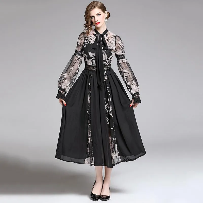 Sukienki swobodne mody siatka plisowana haft midi sukienka zima czarny boho bez rękawów eleganckie eleganckie imprezy vestidos