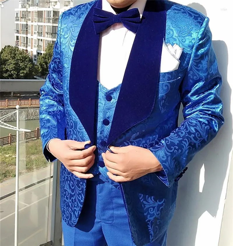 Men's Suits Costume Homme Royal Blue One Button Groomsmen Shawl Lapel Groom Tuxedos Men Wedding Prom Dinner Man Blazer 3 Pcs