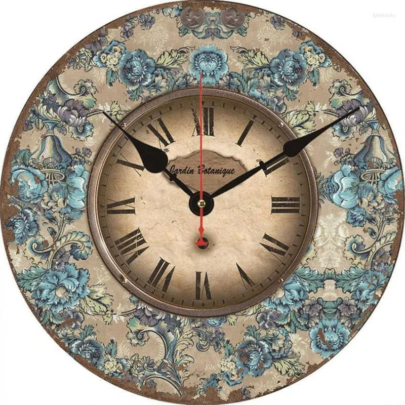 Wall Clocks Clock Blue Gray Retro Rustic Floral Botanical Peony Blossom Silent Non-Ticking Round Battery Operated