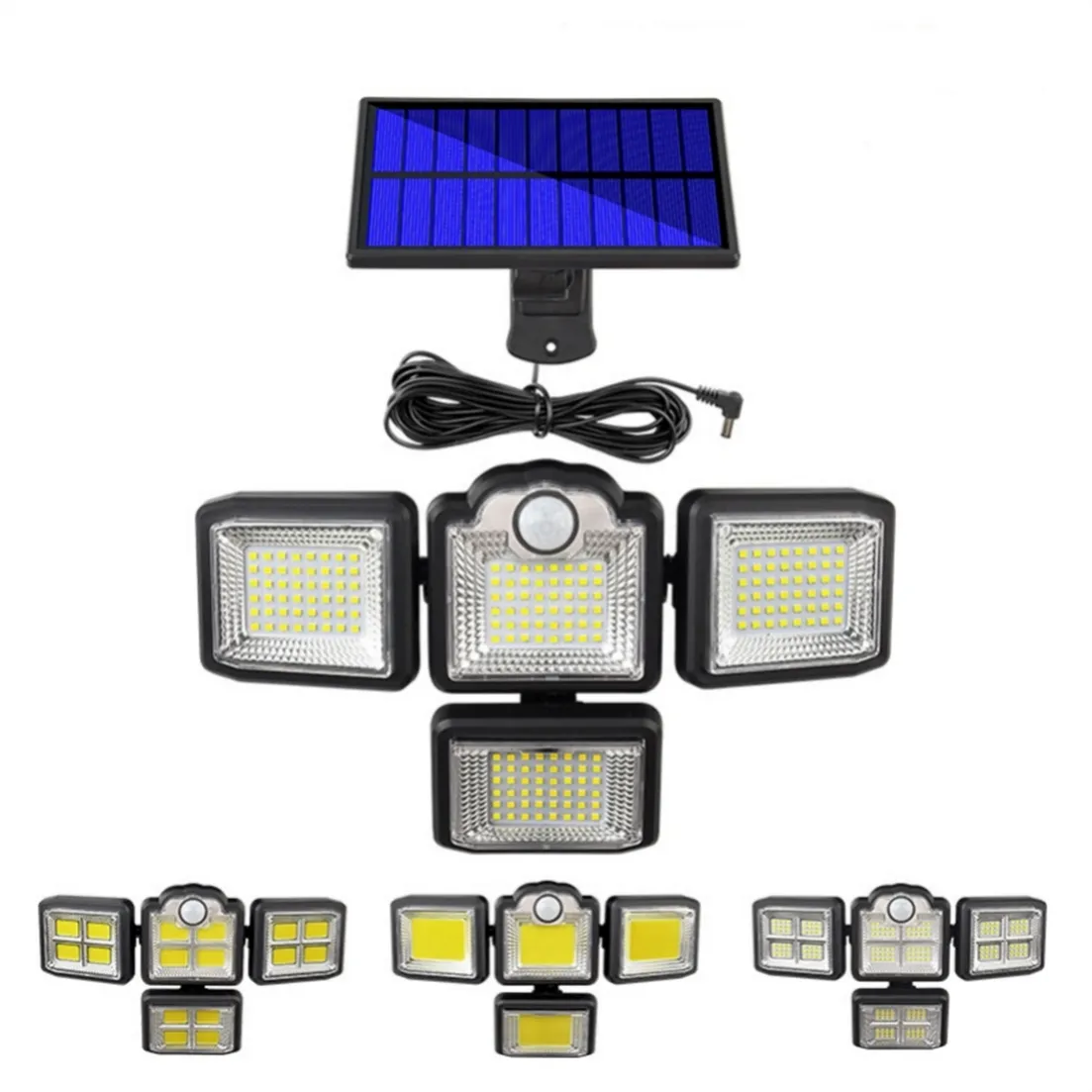 Solar Pir Wall Lights 2400lm 198 원격 제어 기능이있는 LED 보안 조명, 4 개의 헤드 모션 센서 조명, 실외 방수, 270 ° 조절 가능한 각도 벽 램프 3 개 모드