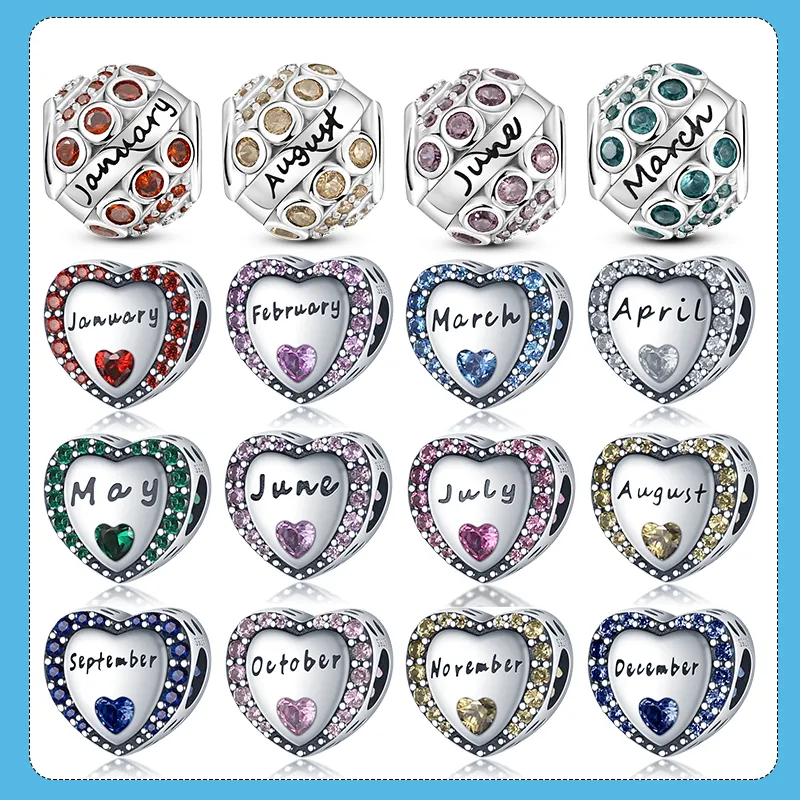 925 Silver Fit Pandora Charms Original DIY Pendant Women Bracelets Beads Birthday Stone Charm Color Cz Zircon