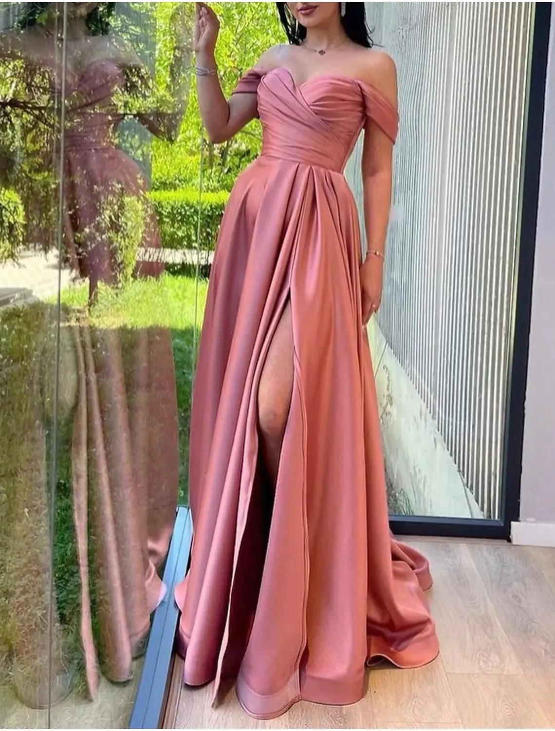 Robe De bal trapèze rose haricot, épaules dénudées, fente en Satin, robes De soirée De Gala, sur mesure, 2023