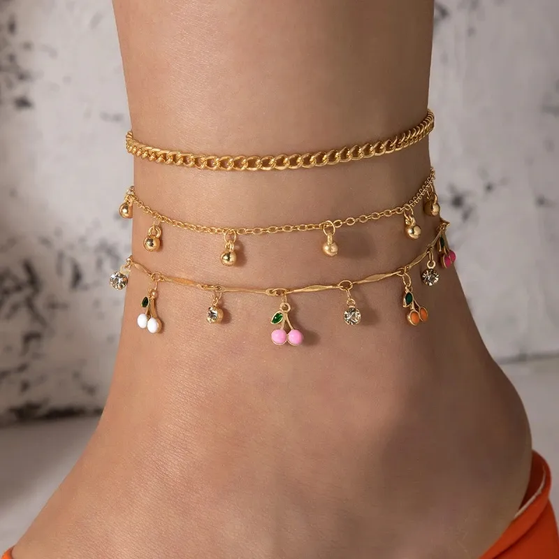 Färgglada oljedropp Cherry Tassel Anklets för kvinnor Shiny Crystal Stone Justerbar fot Chian Beach smycken 3 st/uppsättningar