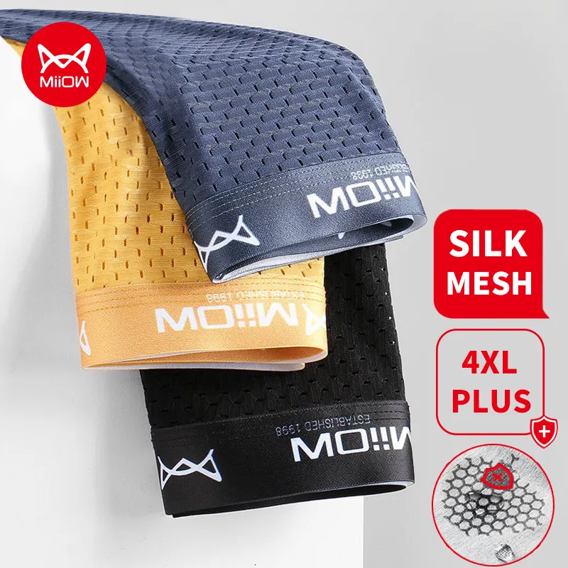 Unterhosen MiiOW 3 Stücke Sexy Mesh Männer Boxer Unterwäsche Graphene Antibakterielle Männliche Höschen Eis Seide Unterhose Atmungsaktive 4XL Boxershorts 230317