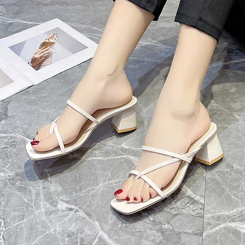 Talltor 2022 Nya kvinnors tofflor Open-Toe Women's Mid-Heel tofflor Banquet Party Fashion Slippers Square Heel Women's Shoes Z0317