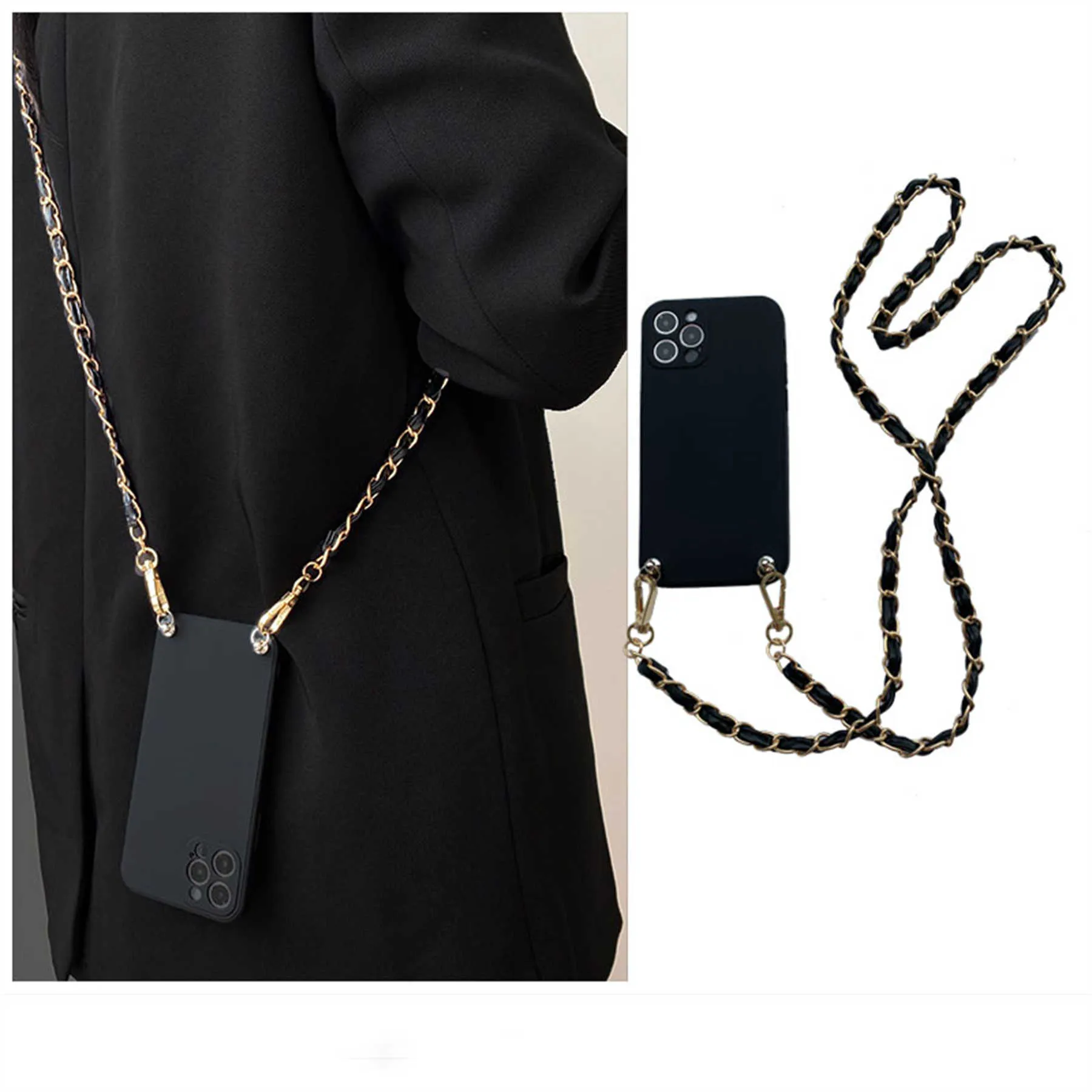 Étuis pour téléphones portables Collier de lanière de bandoulière de luxe Bracelet en cuir Étui de téléphone à chaîne pour iphone 13 11 12 14 Pro Max XR X XS 7 8 plus Sangle de couverture Z0316