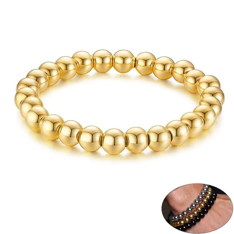 Strand High Polished 8MM For Men Male Gold Silver Color Black Stainless Steel Stretch Bracelet Size Adjustable Beaded Stra