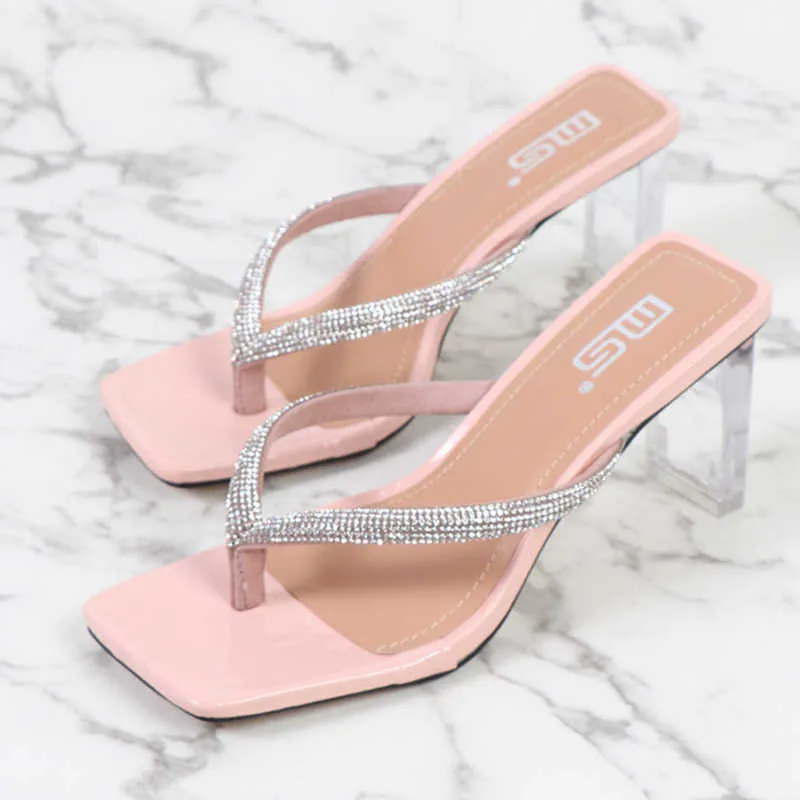 Talltor 2023 Summer Fashion Women Block Clear High Heels Slippers Bling Diamond Flip Flops Square Toe Pink Red Slides Lady Prom Shoes Z0317