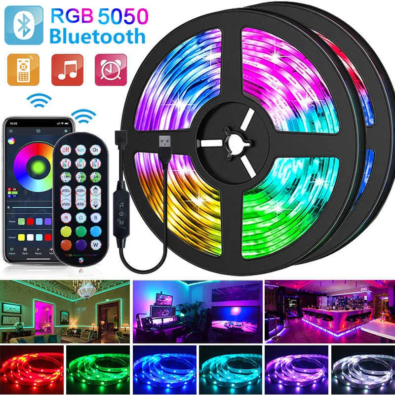 Strisce LED 5050 Strisce LED RGB 5V USB Bluetooth 1M-20M Nastro a diodi a nastro flessibile a luce LED per la decorazione della stanza Retroilluminazione TV P230315