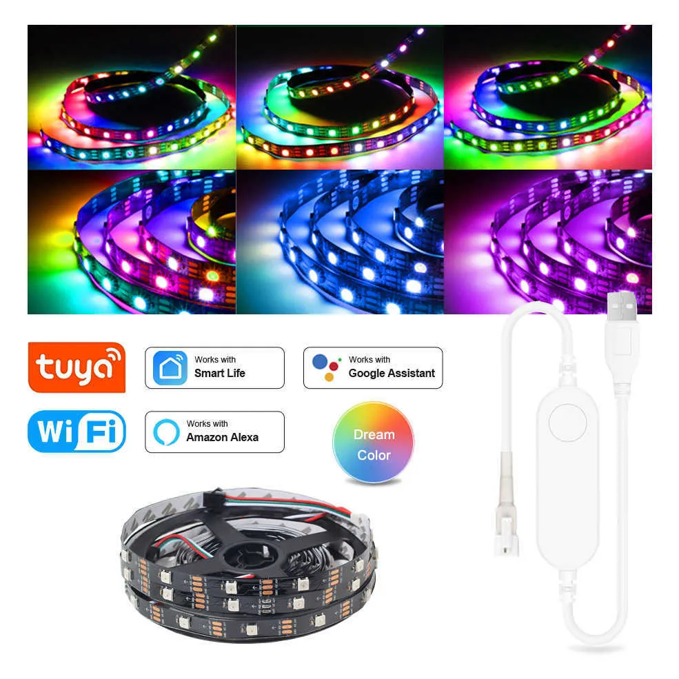 Bandes LED Tuya Wifi WS2812B RGB 5050 USB LED Bande Lumière DC5V Adressable Flexible Rgb Bande Smart Home Decor Rétroéclairage Pour Alexa Google P230315