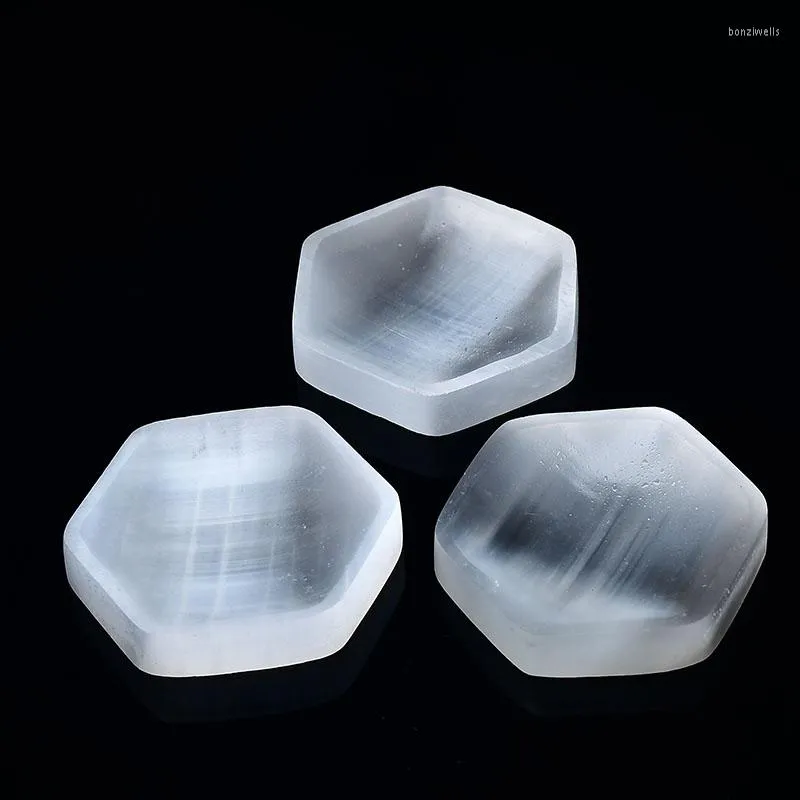 Decorative Figurines 1PC Natural Selenite Bowl Plate Rough Carved Hexagon Shape Crystal Grid Fengshui Quartz Mineral Chakra Home Decor